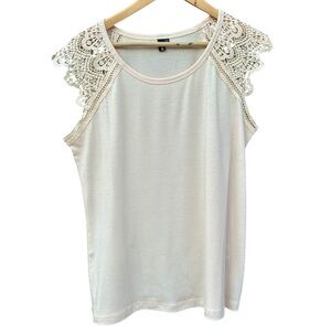 AUTOMET Womens Shirt Lace Sleeve Cream  Casual Stretch Fall Neutral Large